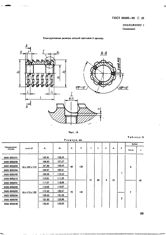 ГОСТ 28046-89 Протяжки сборные для десятишлицевых отверстий с прямобочным профилем с центрированием по внутреннему диаметру комбинированные переменного резания трехпроходные. Конструкция (фото 38 из 63)