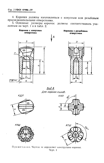 ГОСТ 17196-77 Коронки буровые для перфораторов и станков вращательно-ударного бурения. Типы и основные размеры (фото 3 из 7)