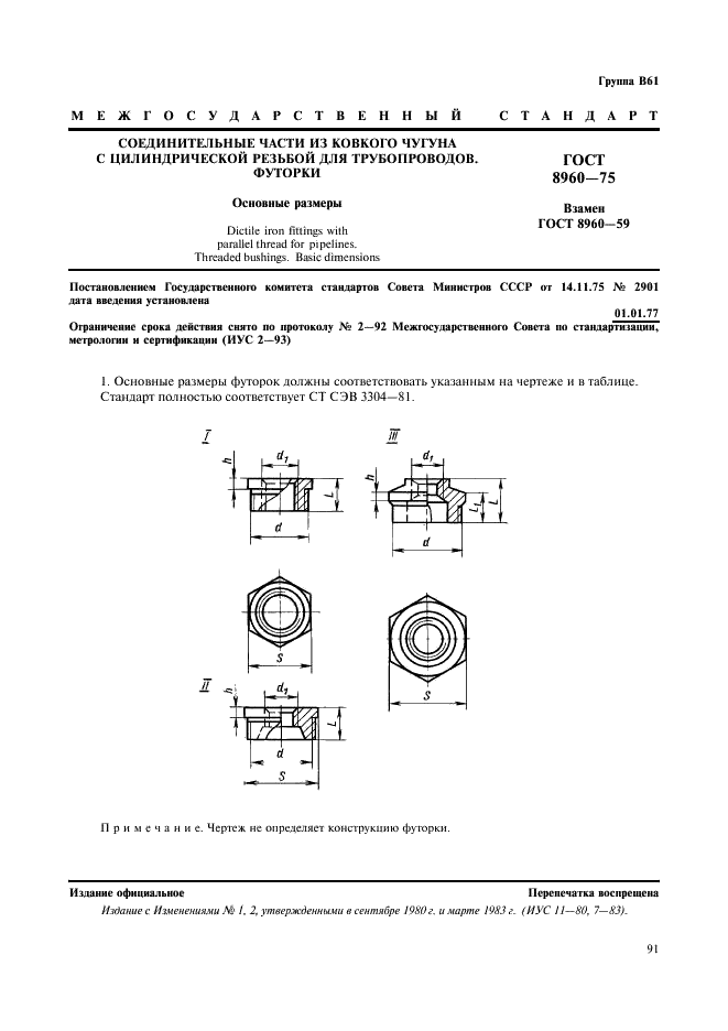ГОСТ 8960-75 Соединительные части из ковкого чугуна с цилиндрической резьбой для трубопроводов. Футорки. Основные размеры (фото 1 из 2)