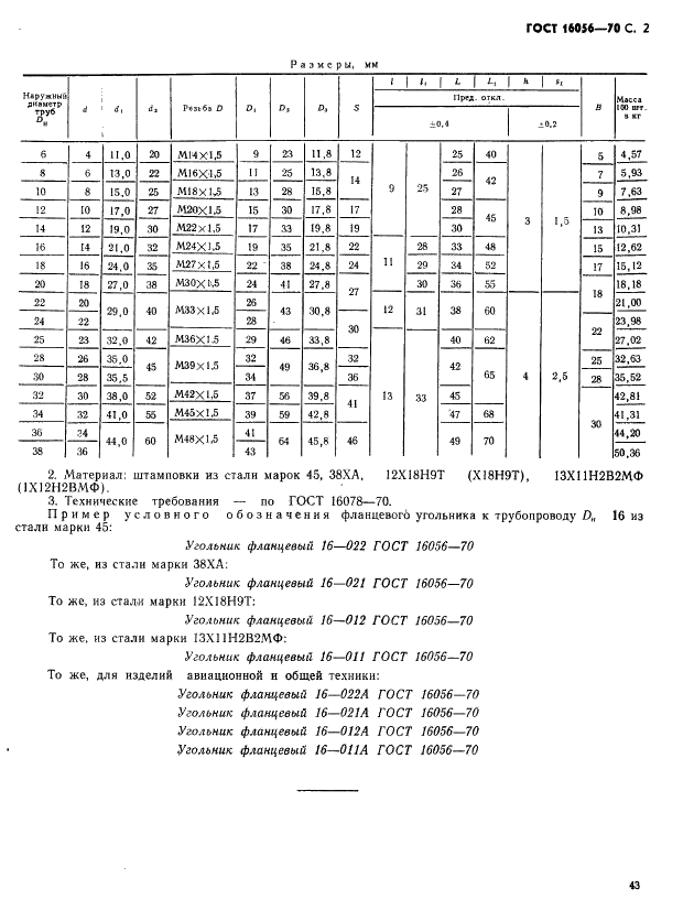 ГОСТ 16056-70 Угольники фланцевые герметизируемые для соединений трубопроводов по внутреннему конусу. Конструкция и размеры (фото 2 из 2)
