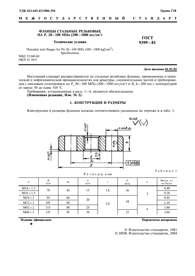 ГОСТ 9399-81 Фланцы стальные резьбовые на Ру 20-100 МПа (200-1000 кгс/см кв.). Технические условия (фото 2 из 8)