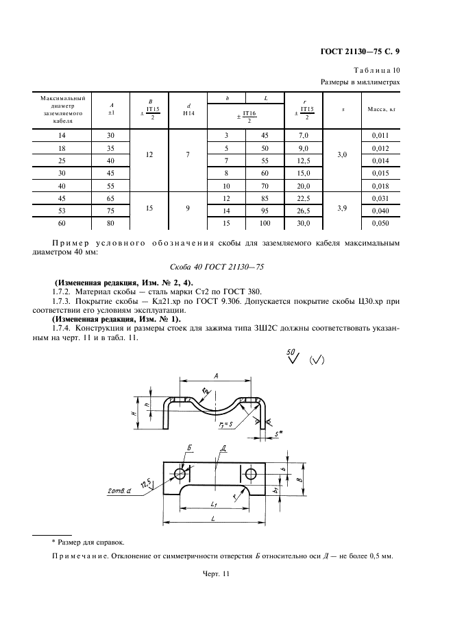 ГОСТ 21130-75 Изделия электротехнические. Зажимы заземляющие и знаки заземления. Конструкция и размеры (фото 10 из 27)
