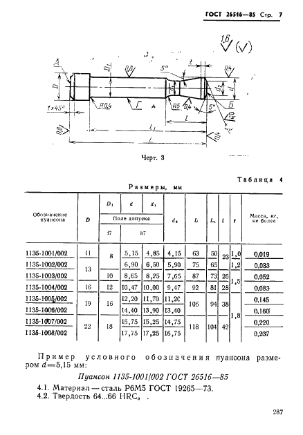 ГОСТ 26516-85 Инструмент для холодноштамповочных автоматов. Пуансоны пятого перехода. Конструкция и размеры (фото 7 из 17)