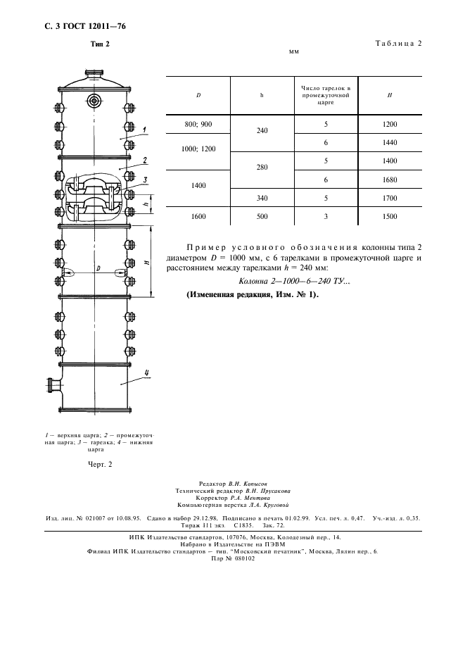 ГОСТ 12011-76 Колонны ректификационные с колпачковыми тарелками из меди. Типы, основные параметры и размеры (фото 4 из 4)