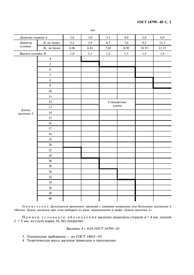 ГОСТ 14799-85 Заклепки с потайной головкой (угол 120 градусов) (повышенной точности). Конструкция и размеры (фото 3 из 4)