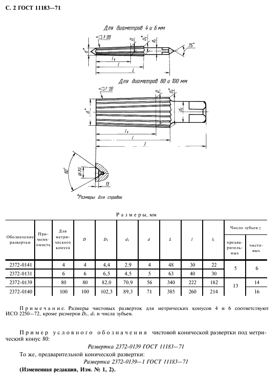ГОСТ 11183-71 Развертки конические с цилиндрическим хвостовиком под метрические конусы. Конусность 1:20. Конструкция и размеры (фото 3 из 7)