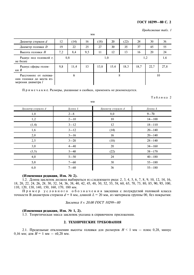 ГОСТ 10299-80 Заклепки с полукруглой головкой классов точности В и С. Технические условия (фото 3 из 8)